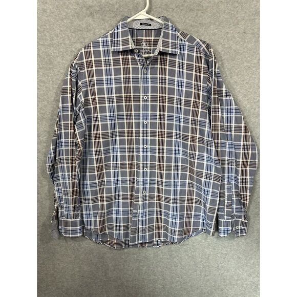 Bugatchi Men's‎ Large Blue Plaid  Flip Cuff Long Sleeve Shirt No Size Tag - Picture 2 of 9